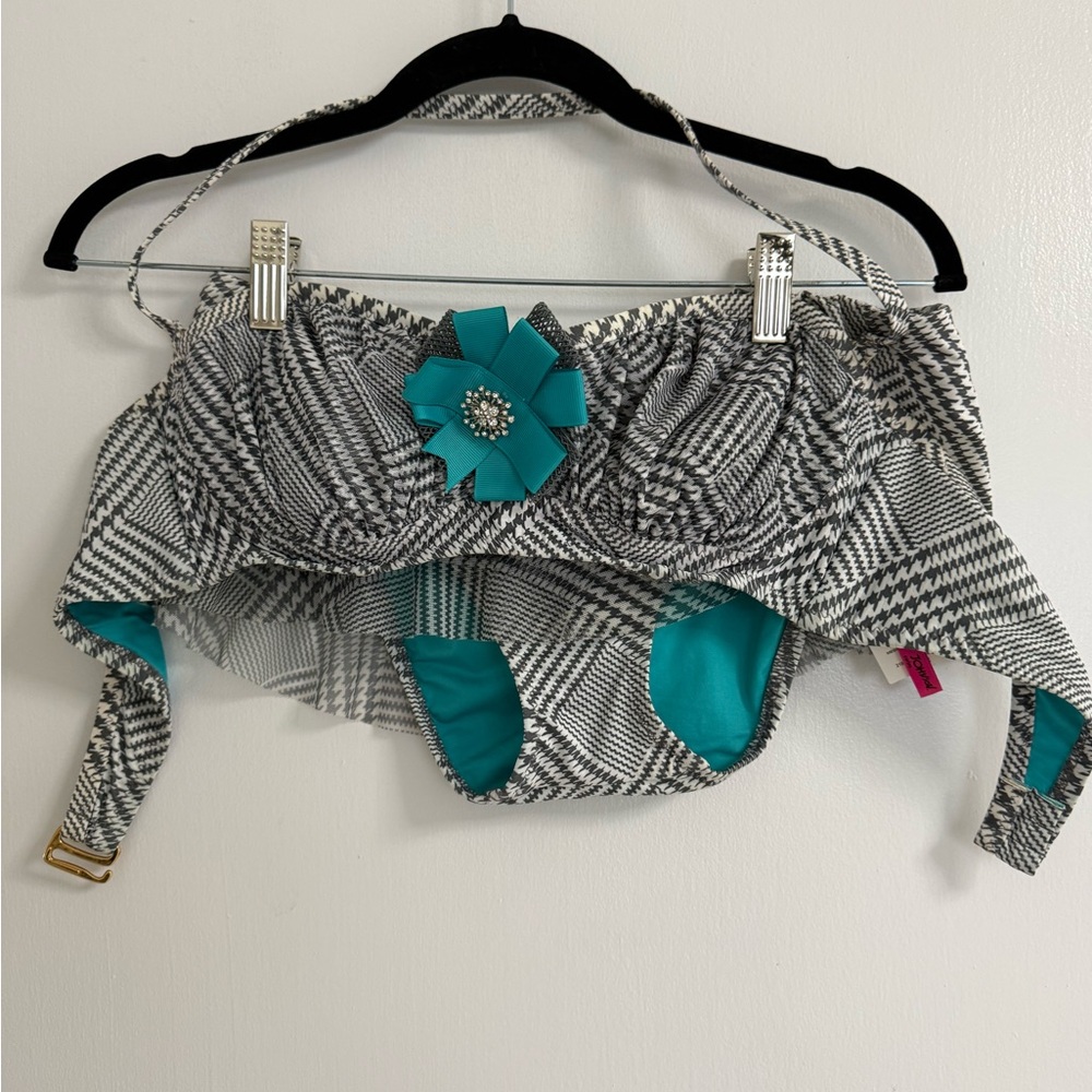 Women’s Black & White Plaid Strapless Top with Teal Flower Accent